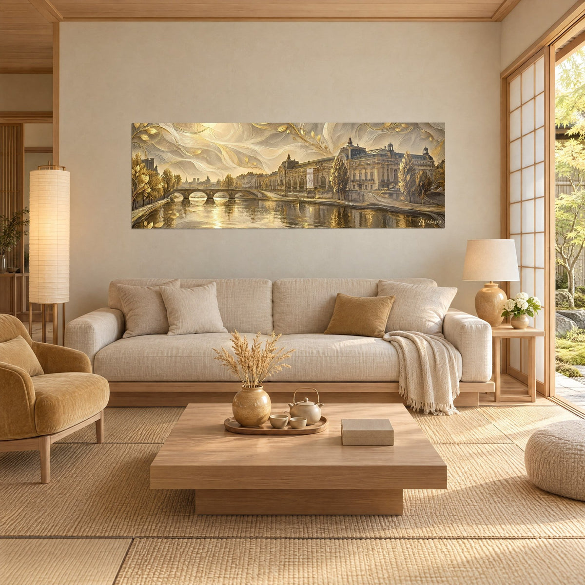 Schilderij Musée d'Orsay in goud en crème, bruggetje met bogen over de Seine, boven een bank in een lichte woonkamer