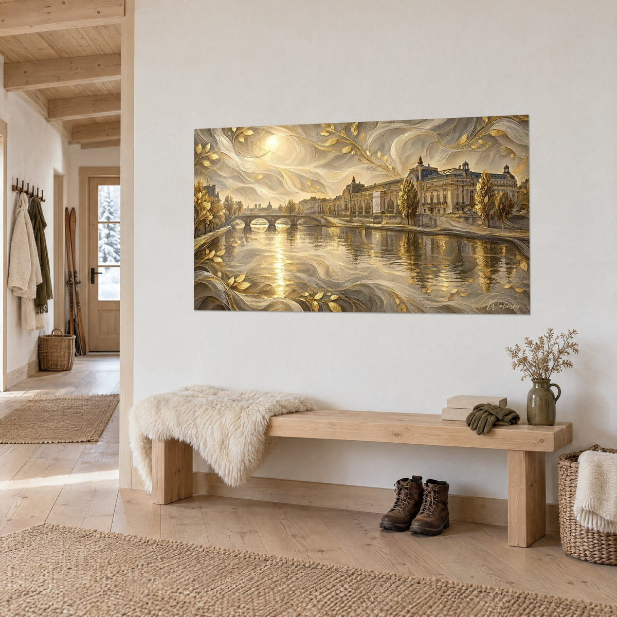 Gemälde Musée d'Orsay in Goldmalerei, Brücke mit drei Bögen und bernsteinfarbene Spiegelungen auf dem Wasser, schräg gesehen in einem Chalet-Flur