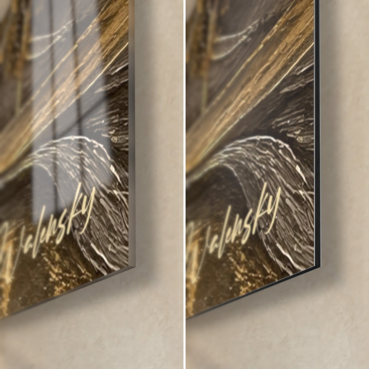 Schilderij gouden rivieroever, rechtsonder: glanzend acrylglas met reflecties links, mat zwart Dibond-aluminium rechts, 3 mm rand