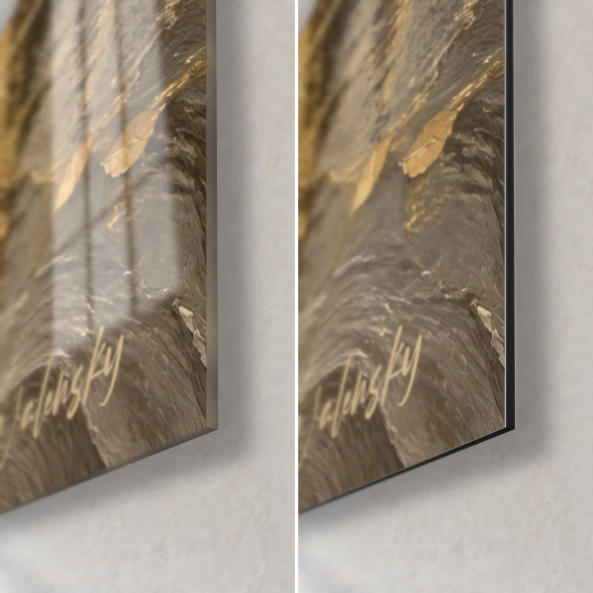 Gemälde Musée d'Orsay in Gold, untere rechte Ecke: glänzendes Acrylglas links, matte Dibond rechts, 3 mm Kante und Signatur