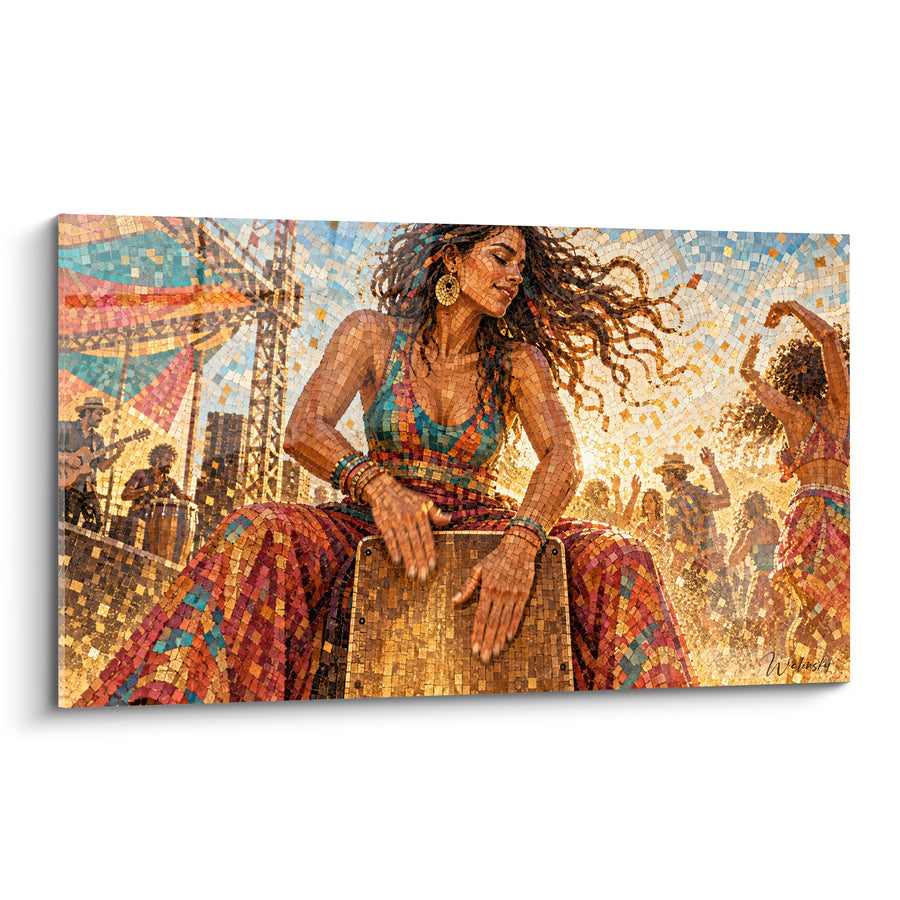 Tableau Percussionniste cajon dorée et turquoise - Transe festive - Edition Musicien Divers
