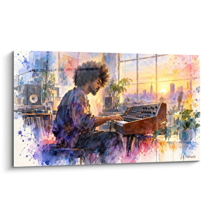 Tableau Musicien au clavier vintage orange et violet - Création au crépuscule - Edition Musicien Divers