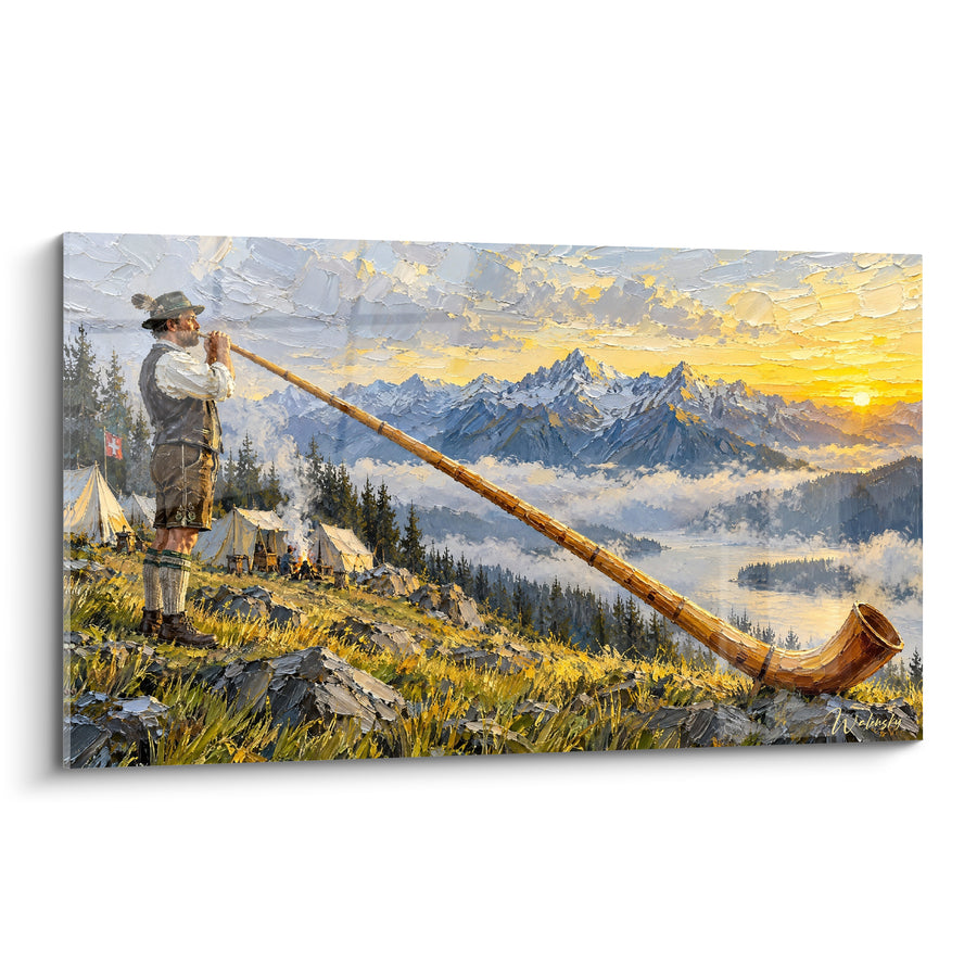 Tableau Joueur de cor des Alpes au lever du soleil - Appel des cimes - Edition Musicien Divers