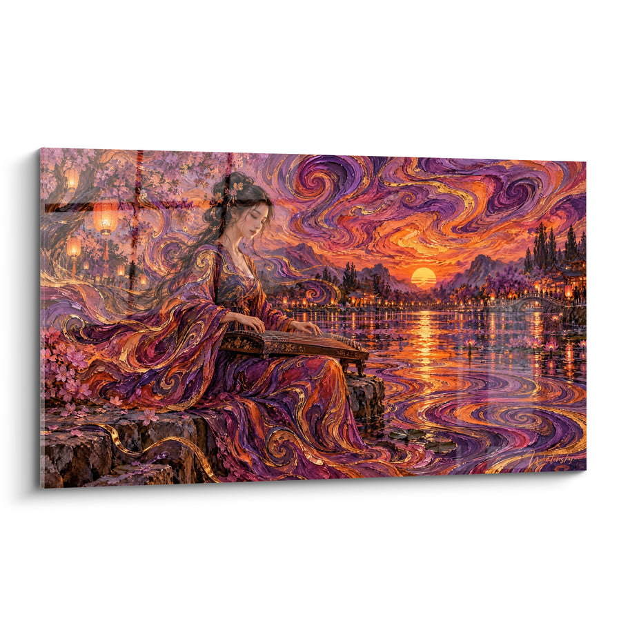 Tableau Musicienne guzheng violette et dorée au coucher du soleil - Mélodie du crépuscule - Edition Musicien Divers