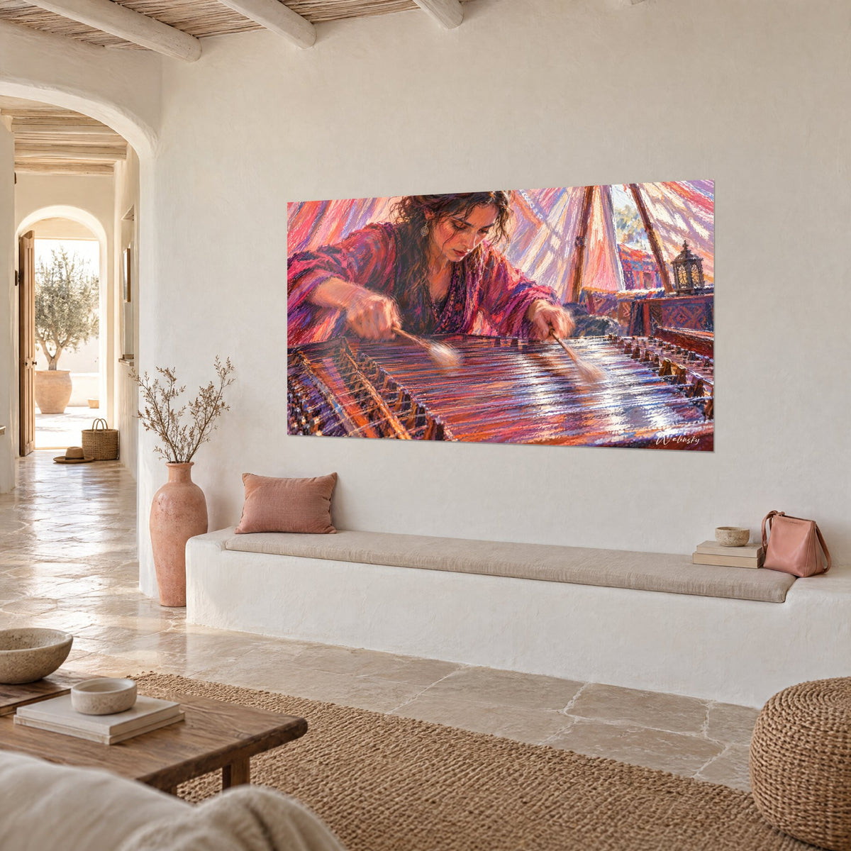 Tableau musicienne penchée sur ses cordes tendues, manches pourpres et lanterne ajourée, sur un mur chaulé d'une maison méditerranéenne