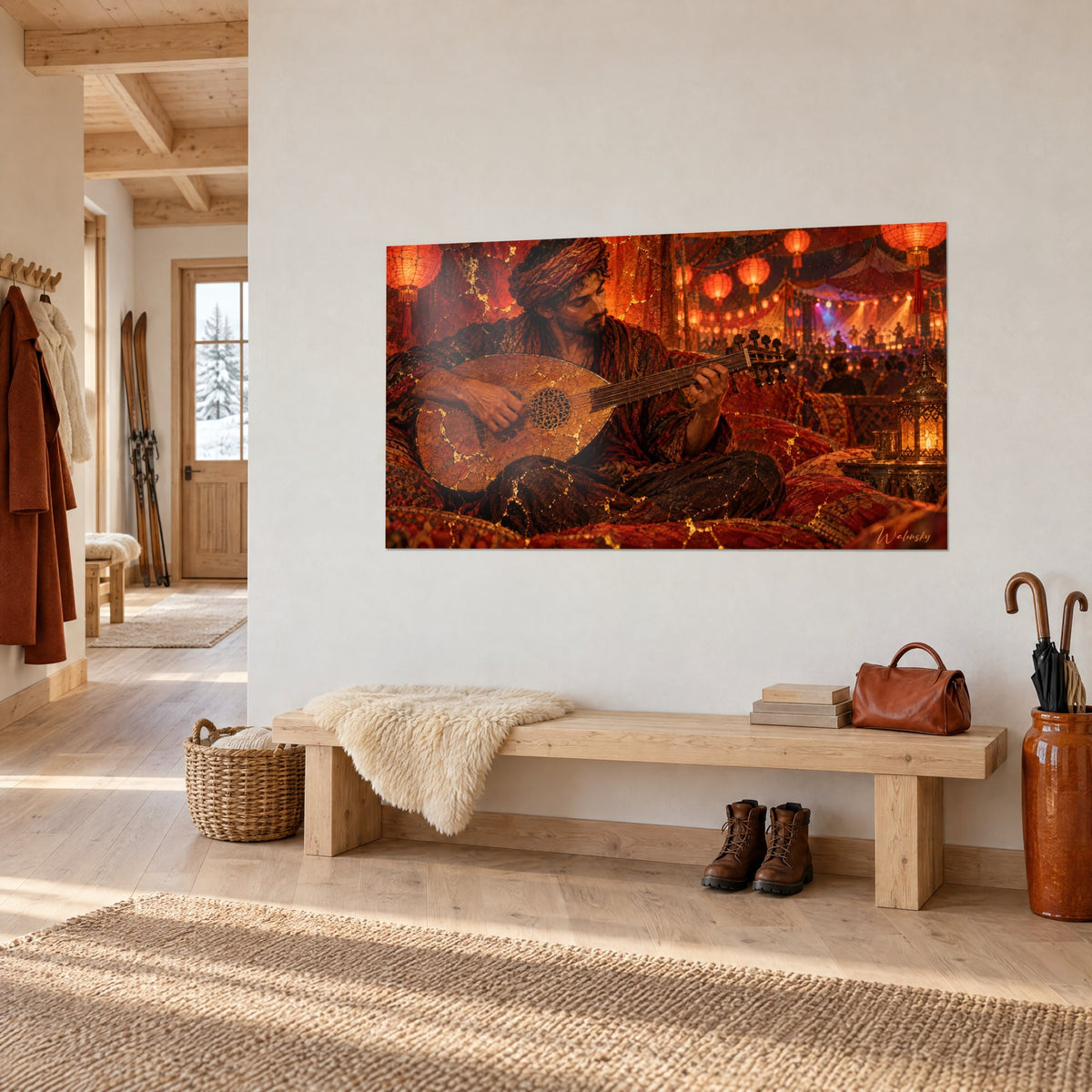 Tableau luthiste assis en tailleur sur des tapis rubis, fêlures dorées et luth ambré, au-dessus d'un banc en bois clair