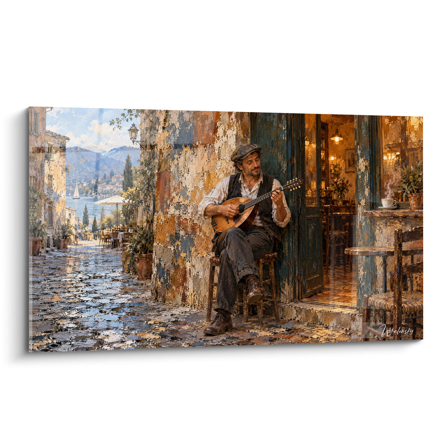 Tableau Mandoliniste ocre et turquoise devant un café italien - Sérénade méditerranéenne - Edition Musicien Divers