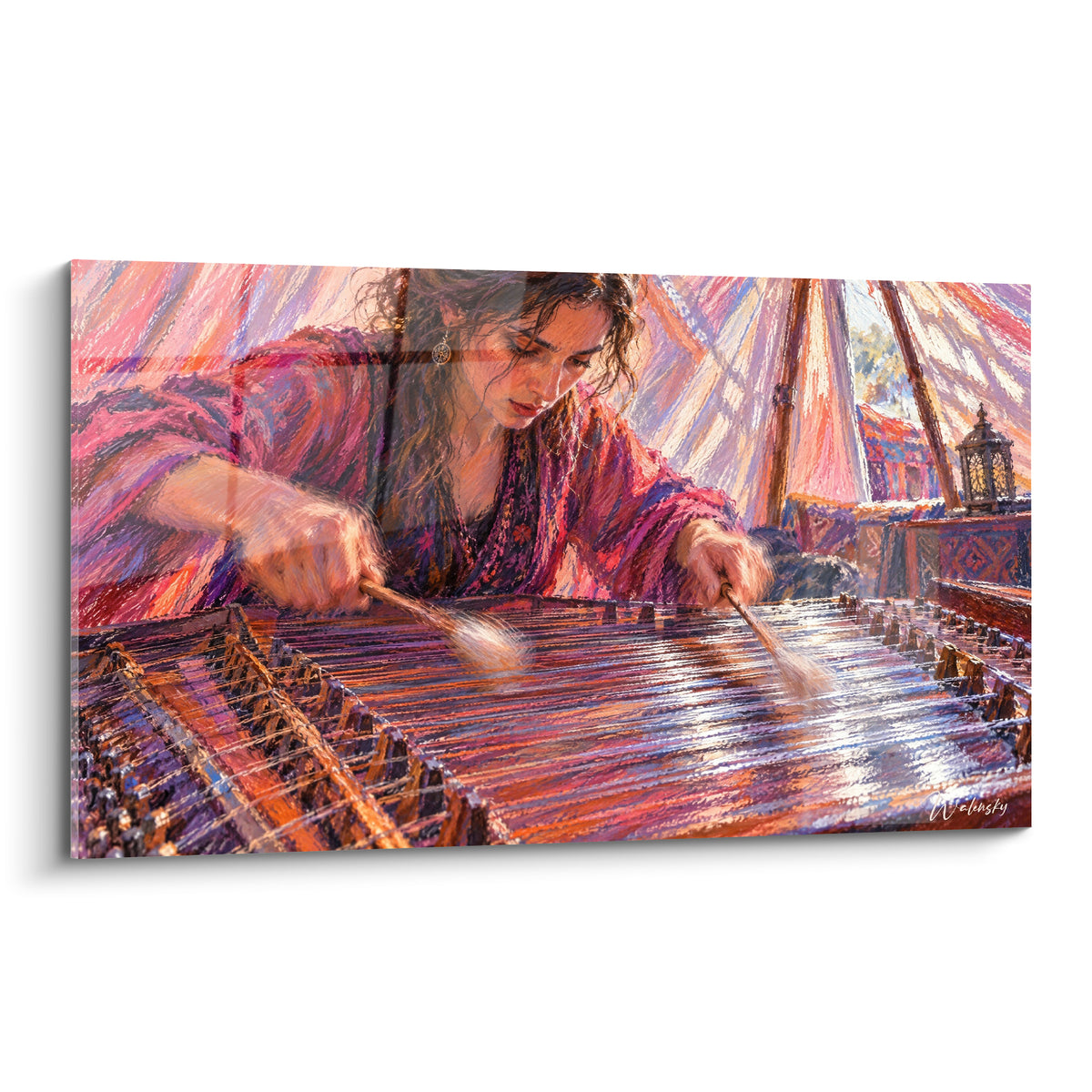 Tableau musicien divers jouant du santour aux cordes pourpres et dorées dans une tente orientale