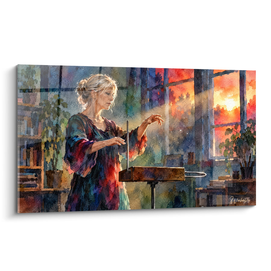 Tableau Thérémine femme aux mains suspendues dans la lumière - Mélodie invisible - Edition Musicien Divers