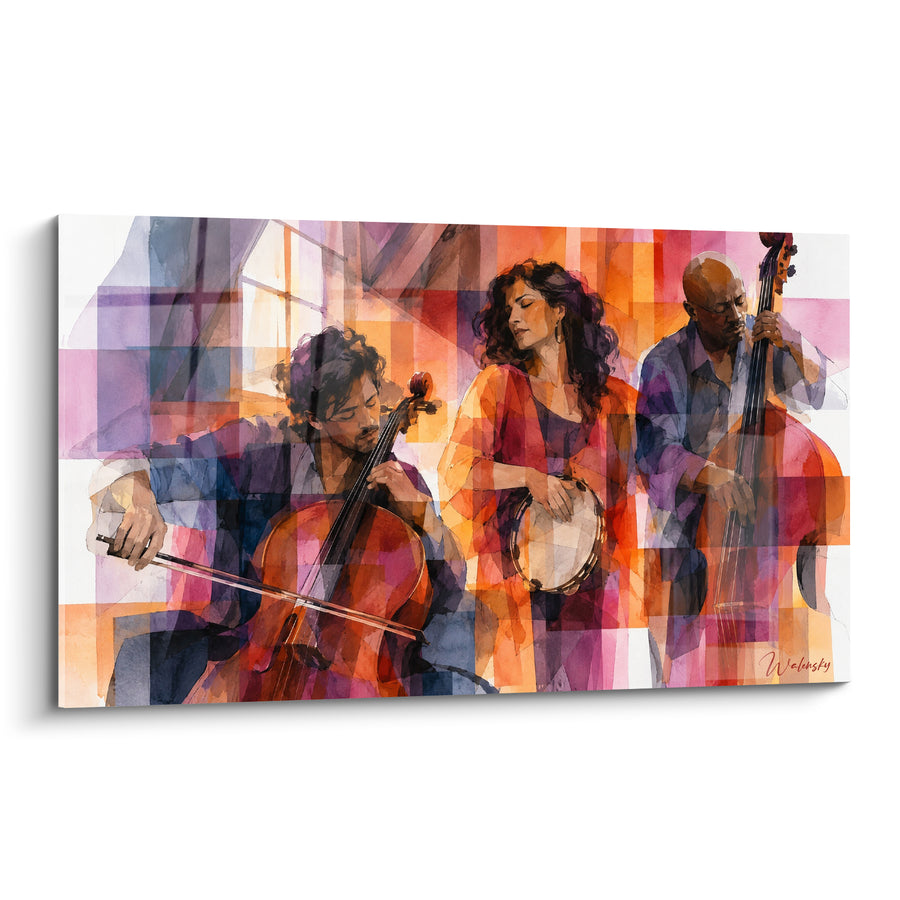 Tableau Trio musicien orange et violet en aquarelle - Transe collective - Edition Musicien Divers