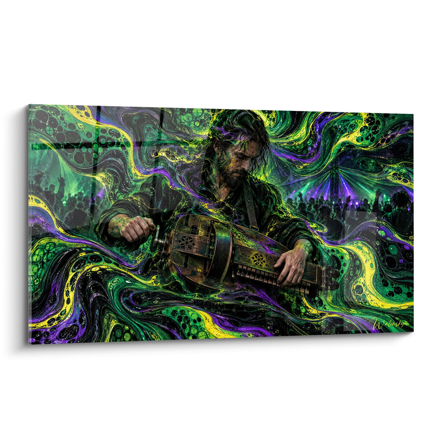 Tableau Musicien vielle à roue vert violet psychédélique - Transe sonore - Edition Musicien Divers