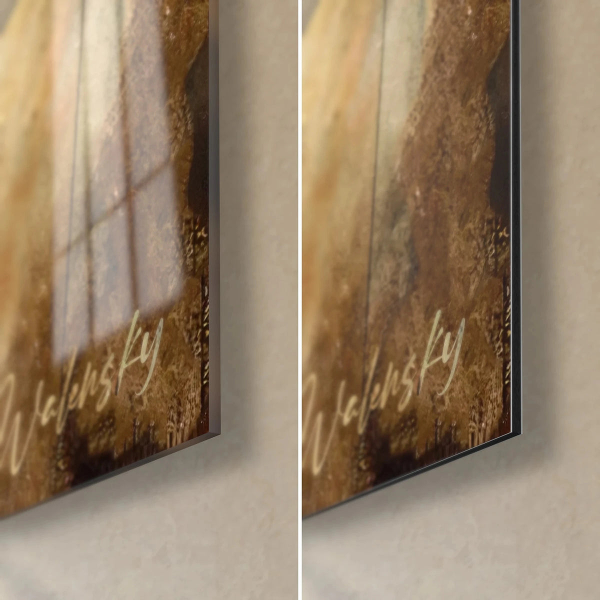 Schilderij kubistische muzikant in ruiten, rechteronderhoek: glanzend acrylglas met reflecties links, mat goudbruin Dibond-aluminium rechts