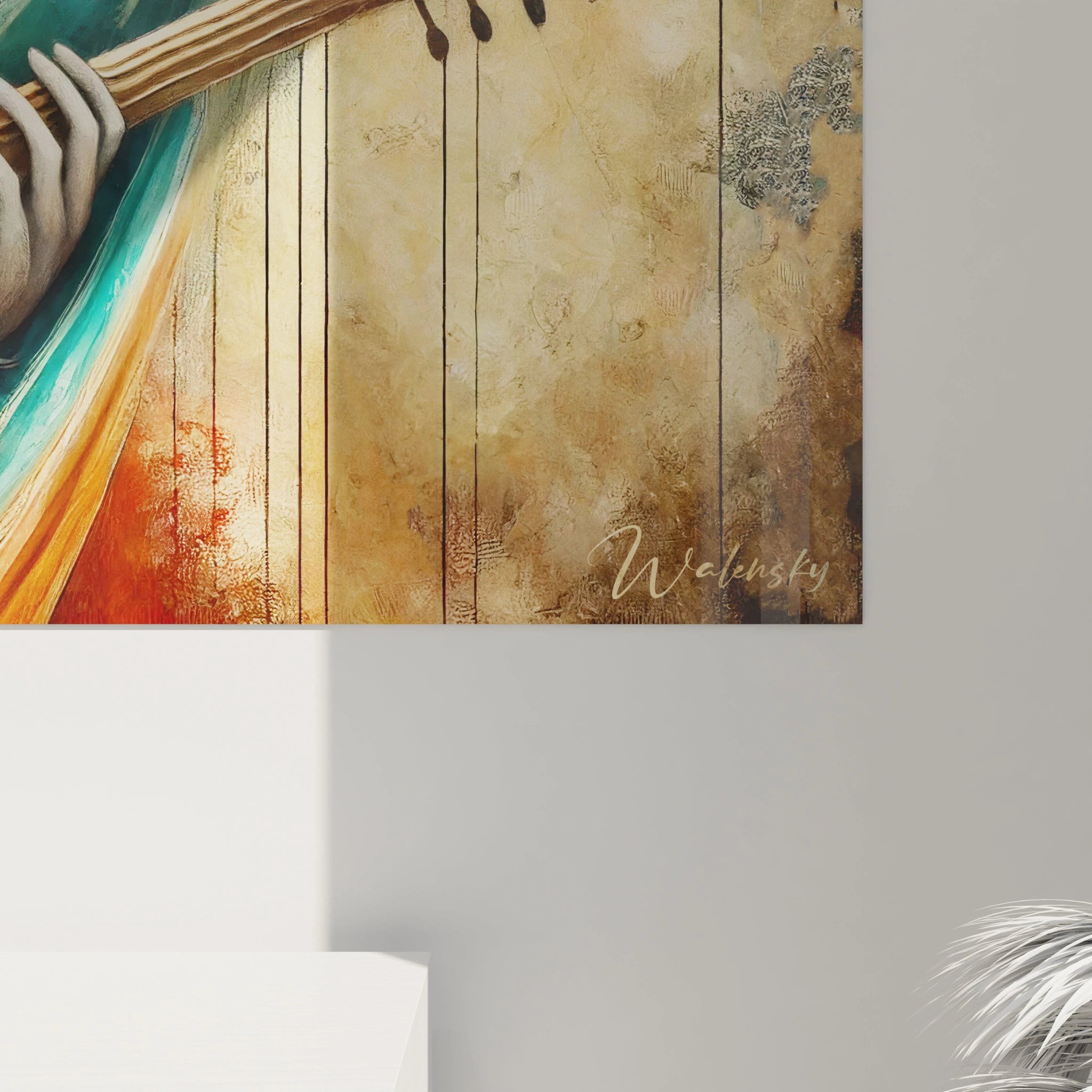 Détail artistique d’un tableau musique abstrait, révélant des éclaboussures orange et des formes ondulantes.
