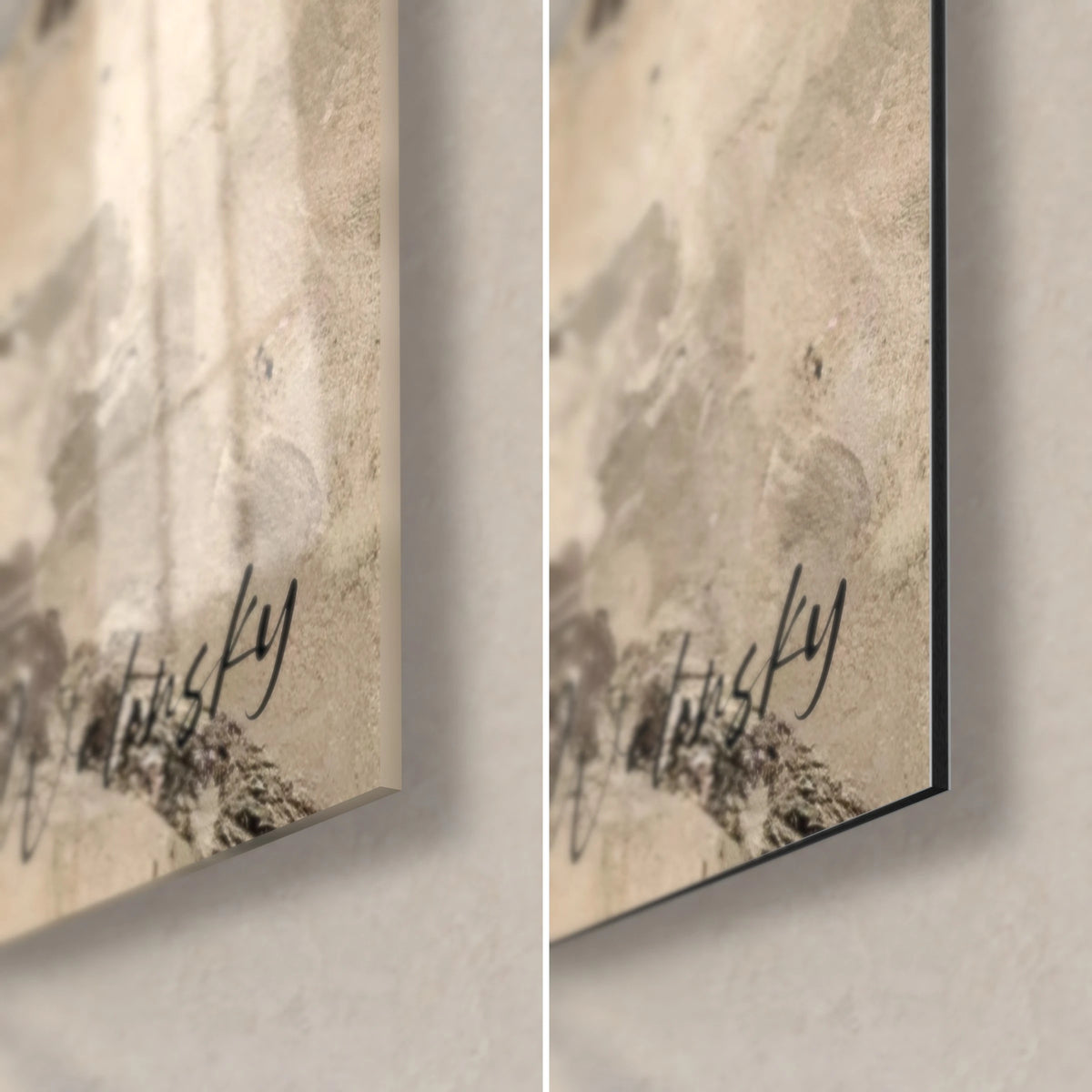 Quadro musicista con archetto, angolo in basso a destra: nero intenso e beige sabbia, vetro lucido e Dibond opaco, spessore 3 mm