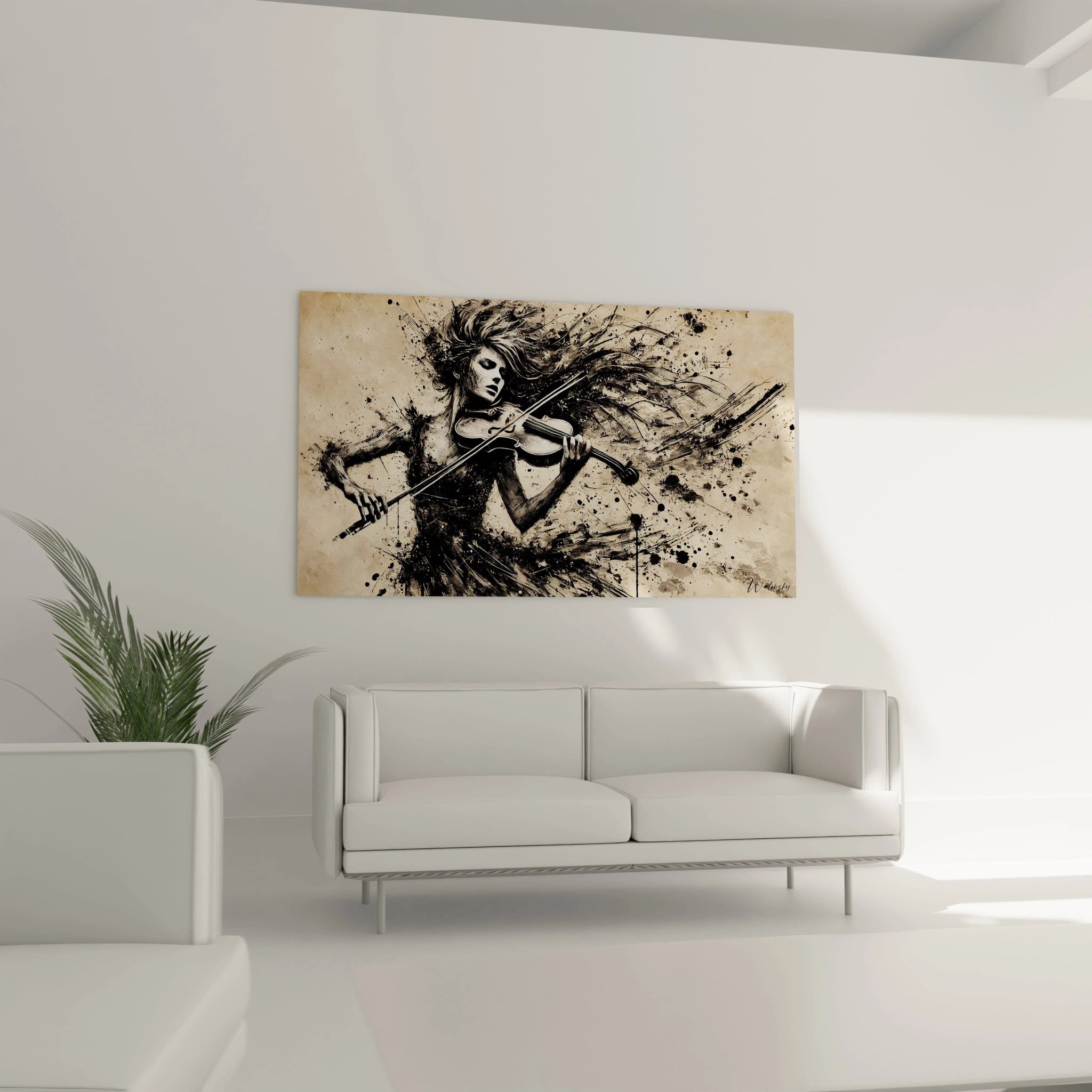 Tableau musique abstrait dans un salon contemporain, mêlant formes dynamiques et éclats monochromes captivants.
