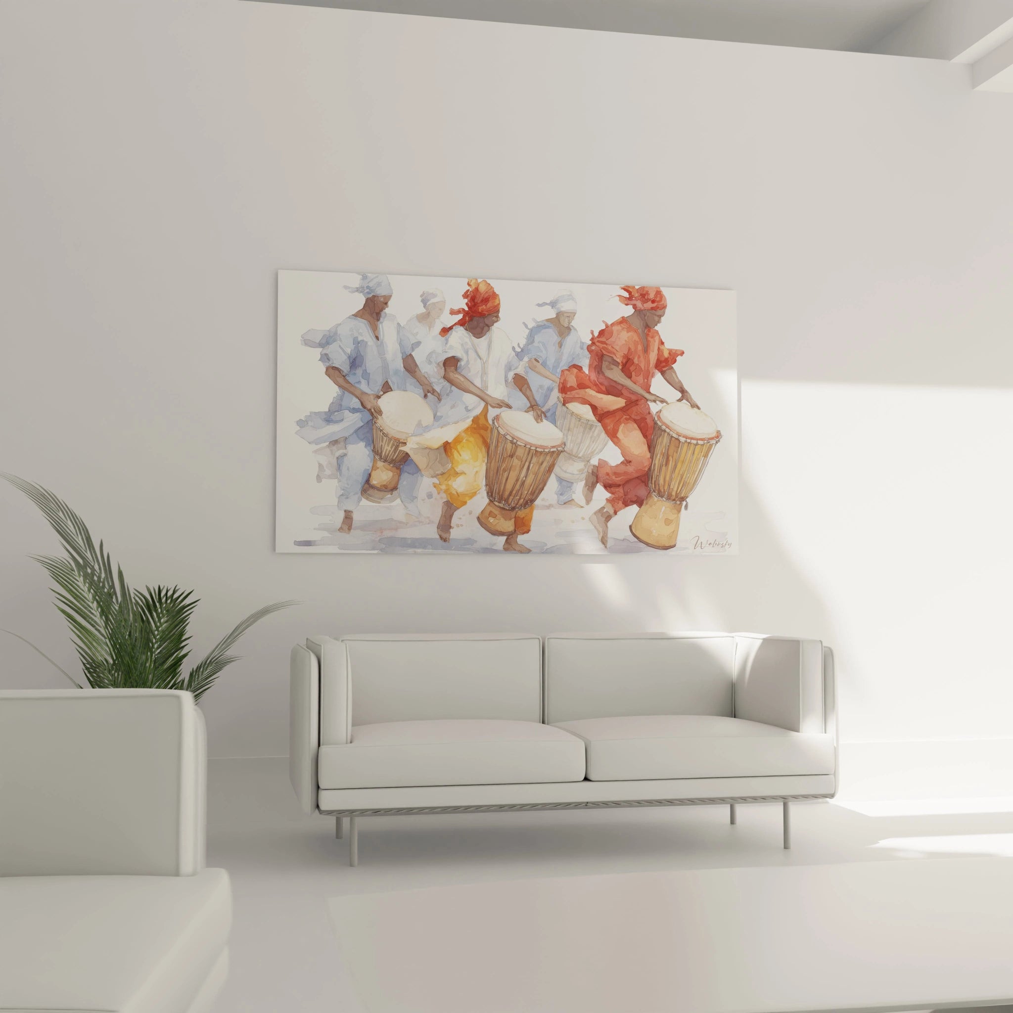 Tableau danse africaine moderne de Walensky avec des musiciens jouant des tambours en couleurs vives