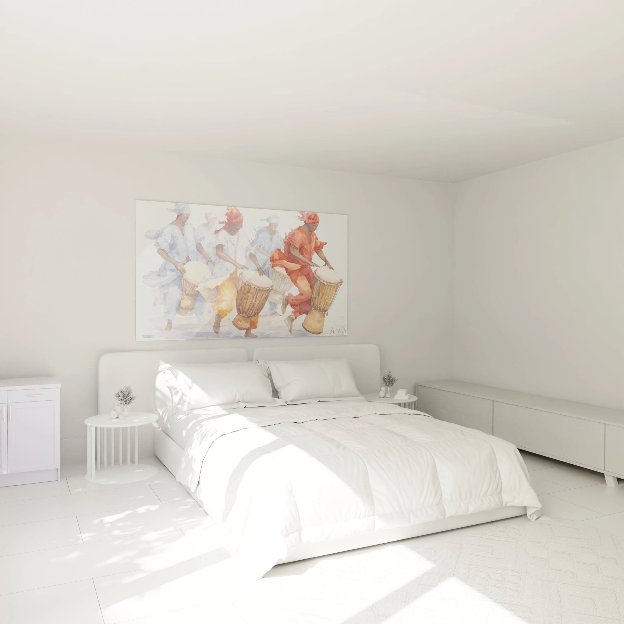 Tableau danse africaine moderne de Walensky, accroché dans une chambre lumineuse avec un lit blanc