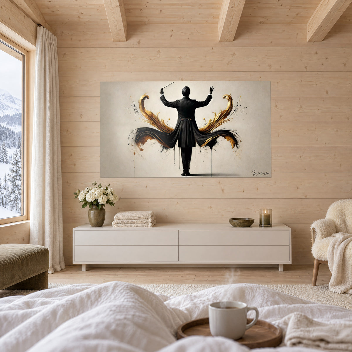Tableau musicien dirigeant face à nous, éclaboussures d'encre noire et d'or sur fond crème, au-dessus d'un lit dans une chambre claire