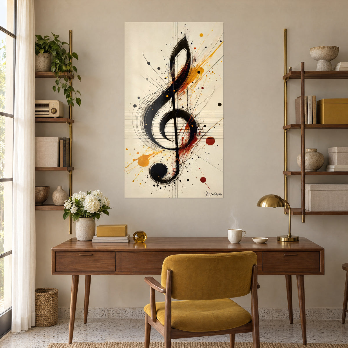 Wall art with a black ink score in dynamic strokes, mustard and red bursts, wooden desk, mustard armchair and shelves