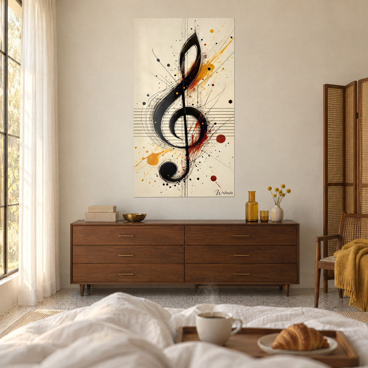 Wall art with abstract musical notation, black ink and ochre yellow and dark red stains, above a bed in a bright bedroom