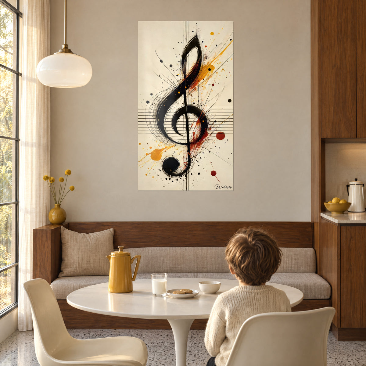 Wall art with a calligraphic treble clef, deep black, saffron and brick splashes on ivory paper, child seen from behind near a round table