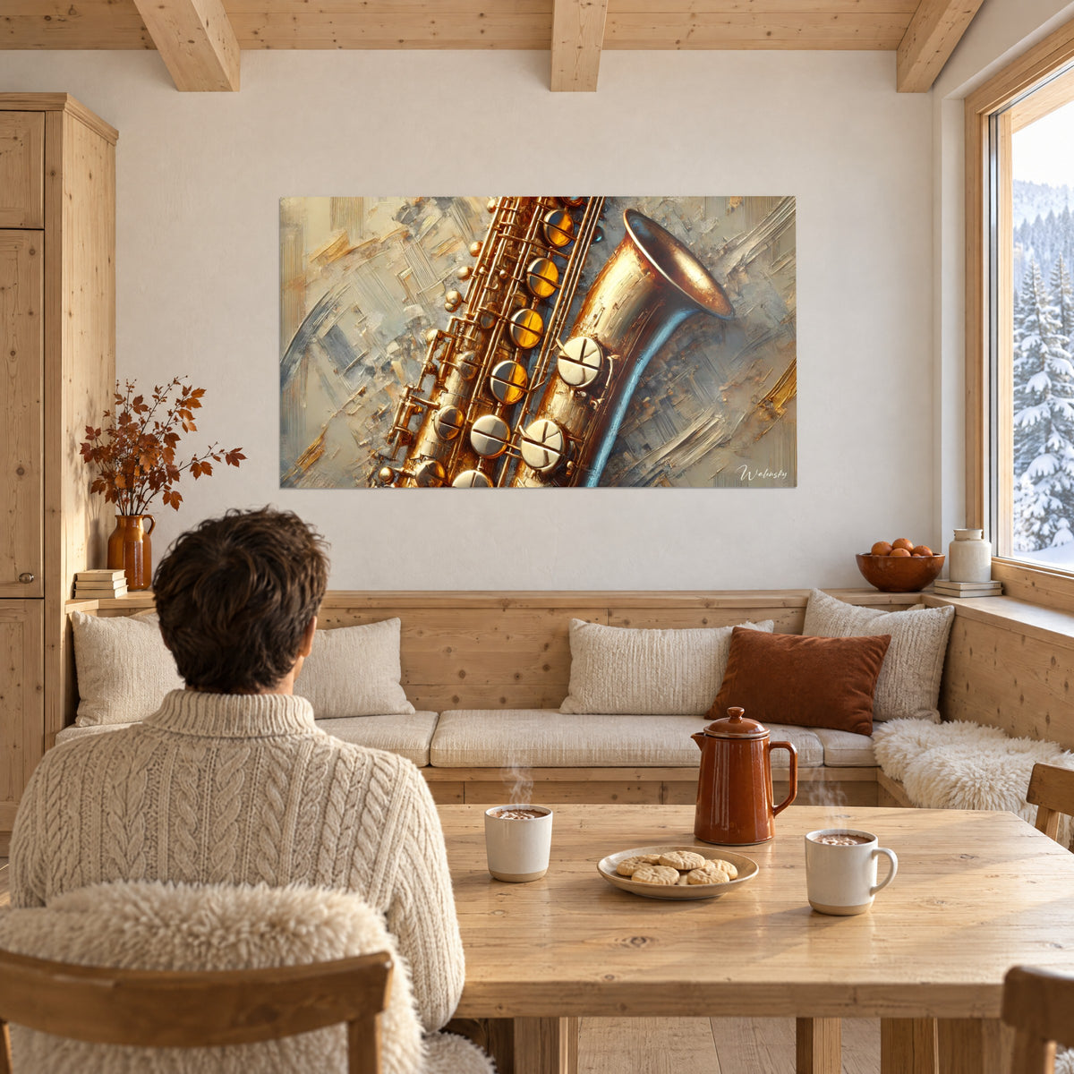 Cuadro saxofón abstracto en tonos oro y azul glaciar, empastes cremas texturizados, persona de espaldas frente a una mesa de madera de chalet