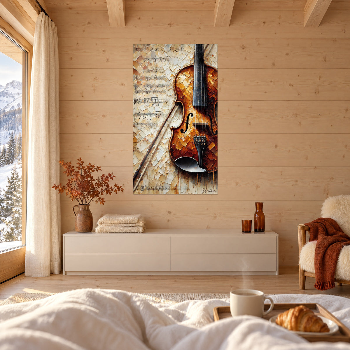 Gemälde Saiteninstrument mit orangefarbenen und braunen Facetten, beige Notenblatt, über einem Bett in einem hellen Schlafzimmer