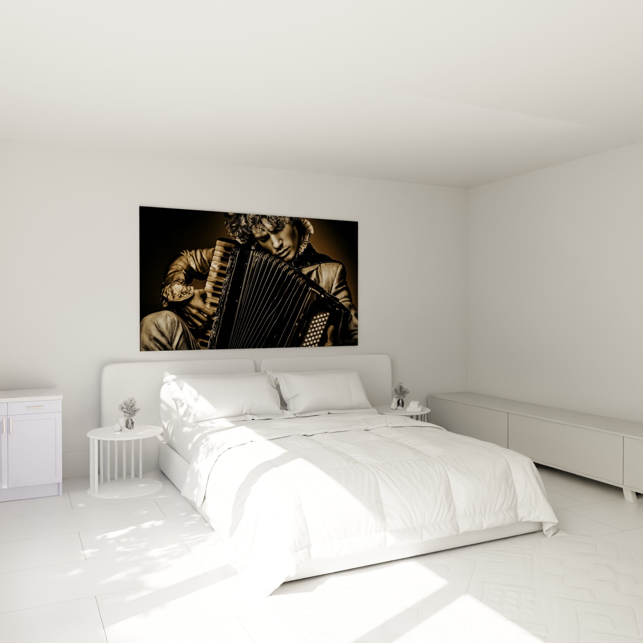 Musicien aux boucles brunes jouant de l'accordéon doré, au-dessus d'un lit dans une chambre claire