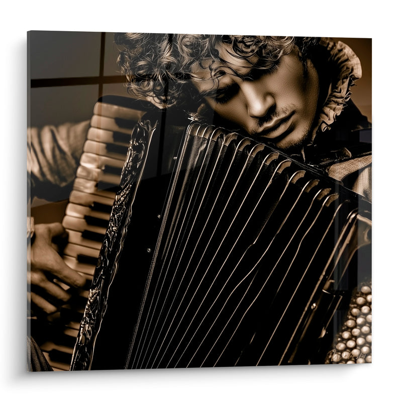 Tableau Musique accordéoniste sépia bronze boucles brunes - Souffle mélancolique - Edition Musique