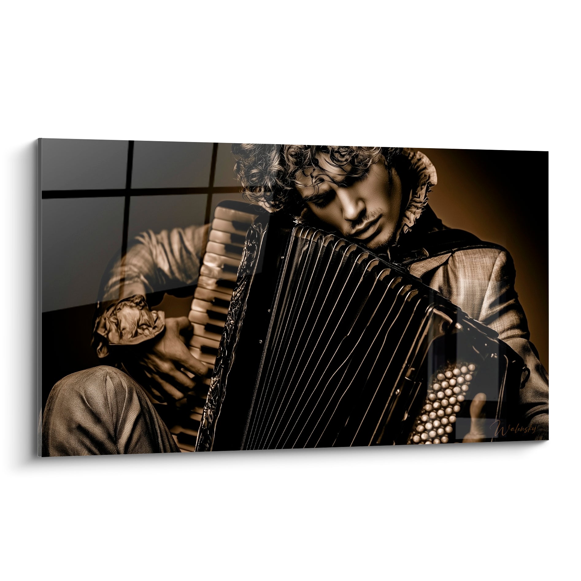 Accordéoniste penché en tons sépia et brun doré, mains sur les touches de l'instrument