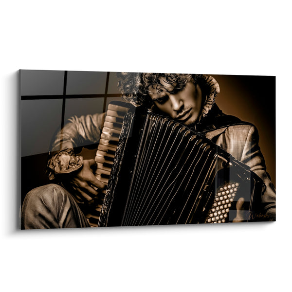 Cuadro Músico acordeonista sepia bucle inclinado sobre el instrumento - Recuerdo musical - Edición Música