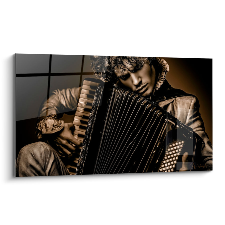 Tableau Musique accordéoniste sépia bouclé penché sur l'instrument - Recueillement musical - Edition Musique