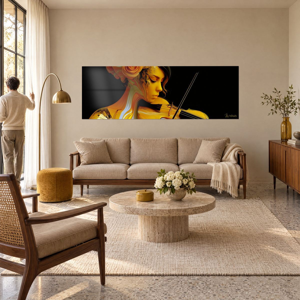 Wall art golden violinist with a rose bun, blending into ochre and black, facing a man seen from behind, above a sofa in a bright living room
