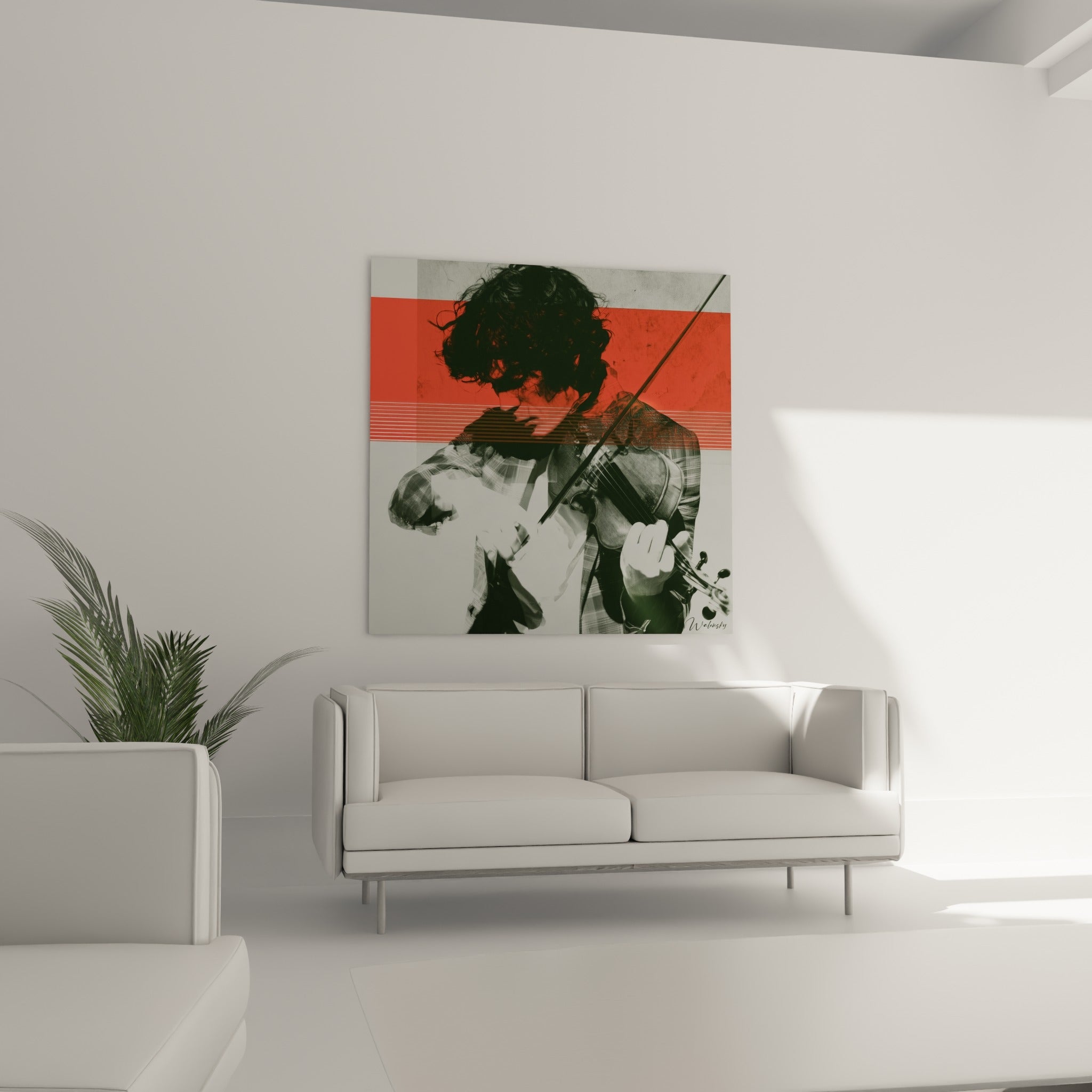 Archet tendu et chemise à carreaux gris, tableau Musique au-dessus d'un canapé dans un salon lumineux