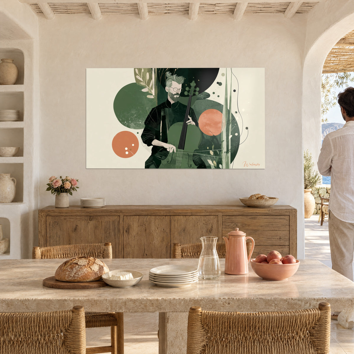 Cuadro retrato de un contrabajista con gafas redondas, tonos planos verde salvia y naranja, en el comedor de una casa blanca