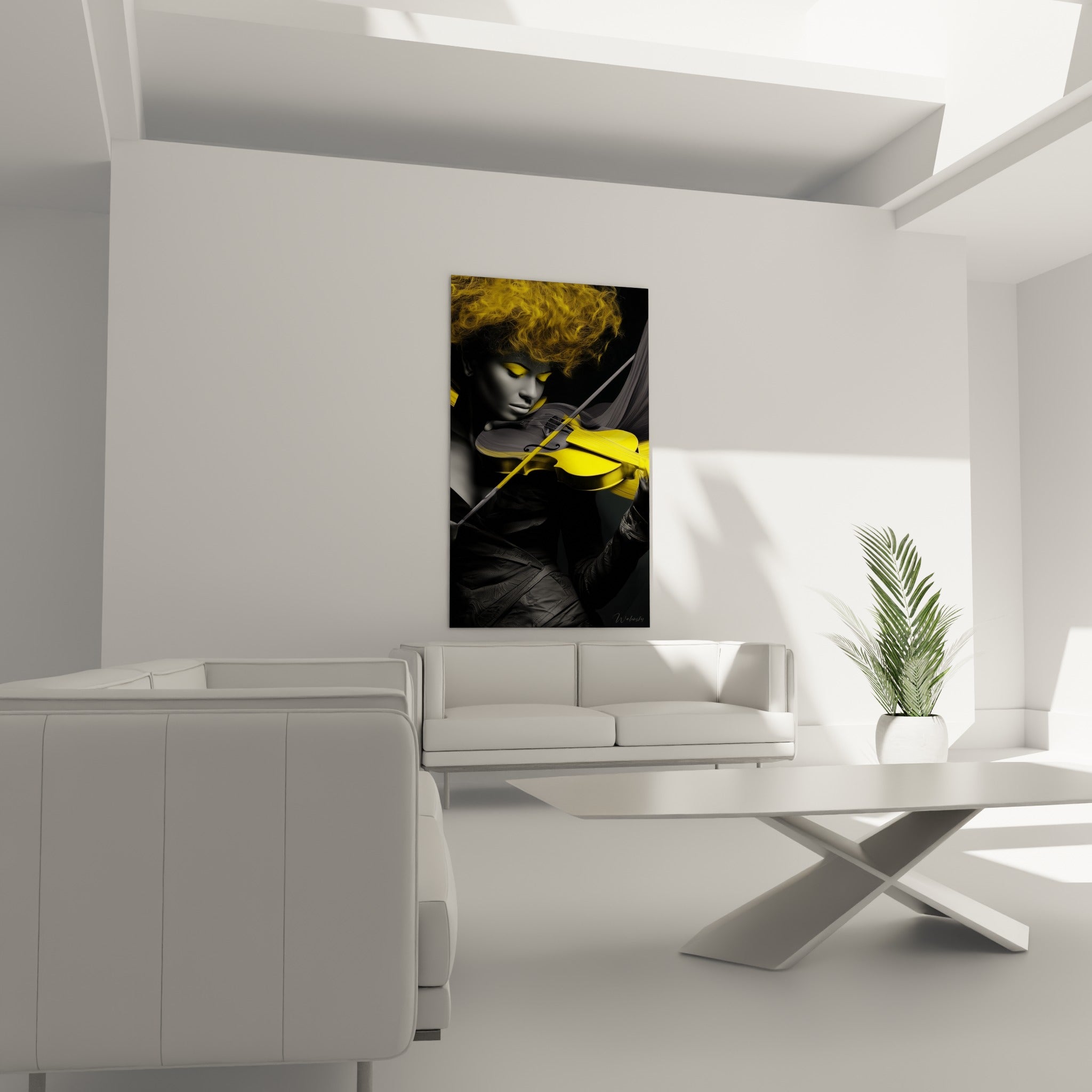 Violoniste aux tons jaune et anthracite, archet en diagonale, au-dessus d'un canapé dans un salon lumineux
