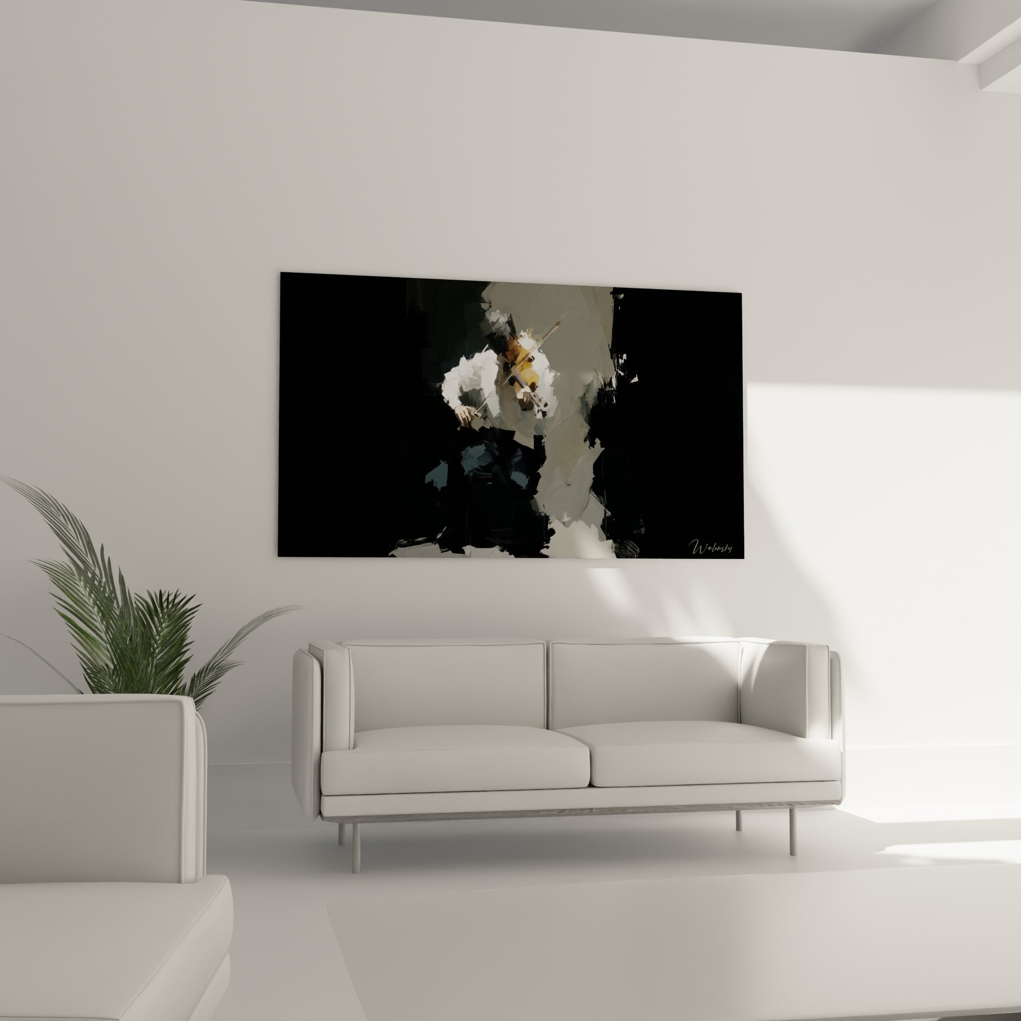Silhouette de violoniste dans une lumière blanche saisissante, au-dessus d'un canapé dans un salon lumineux