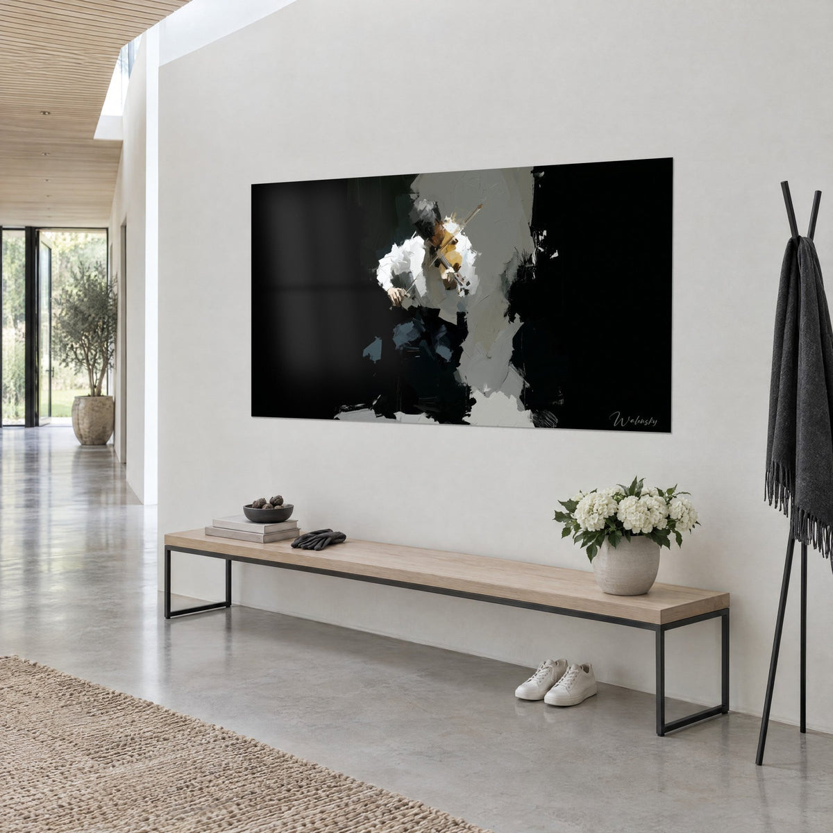 Wall art musician playing the violin, golden ochre touches on the wood, large black and grey patches, three-quarter view above a bench