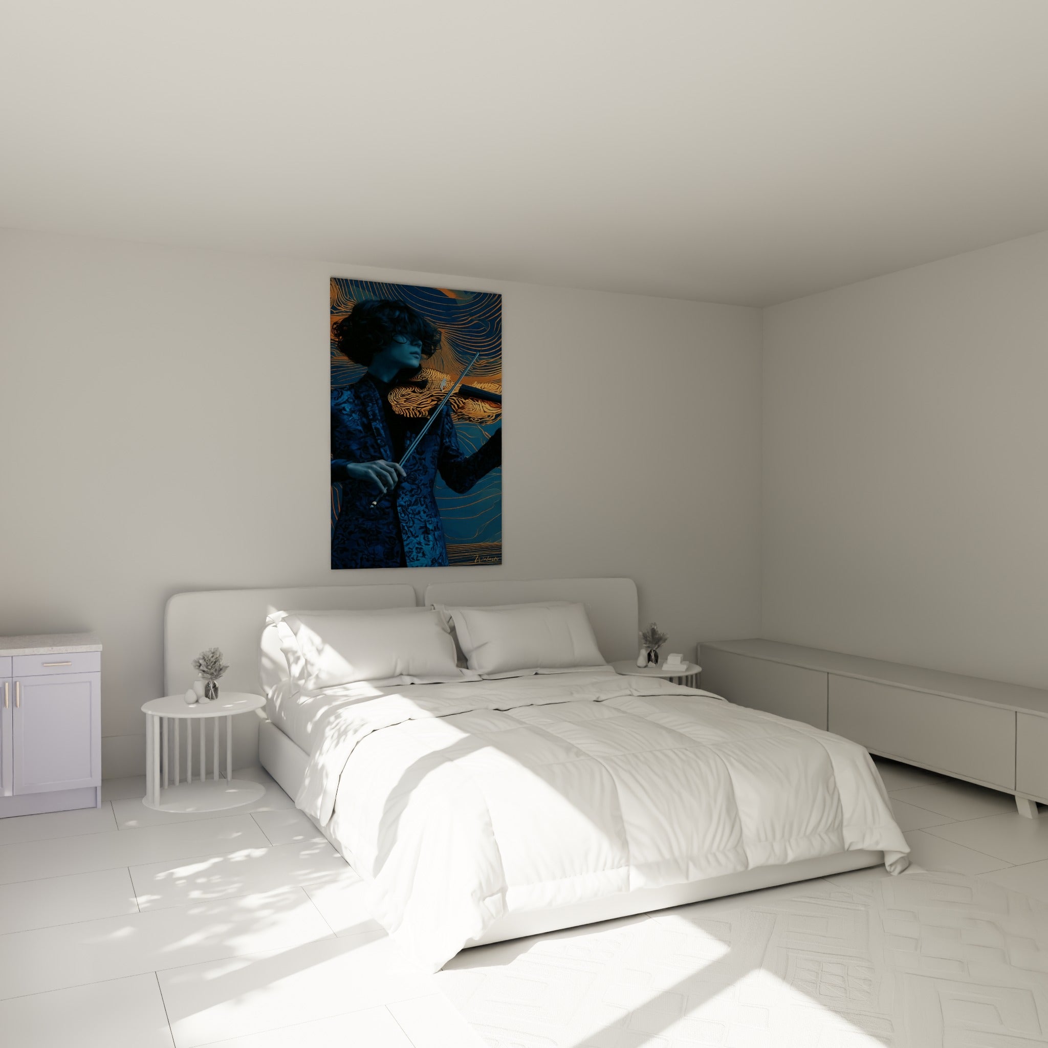 Musicienne au violon zébré doré et veste bleu marine, au-dessus d'un lit dans une chambre claire