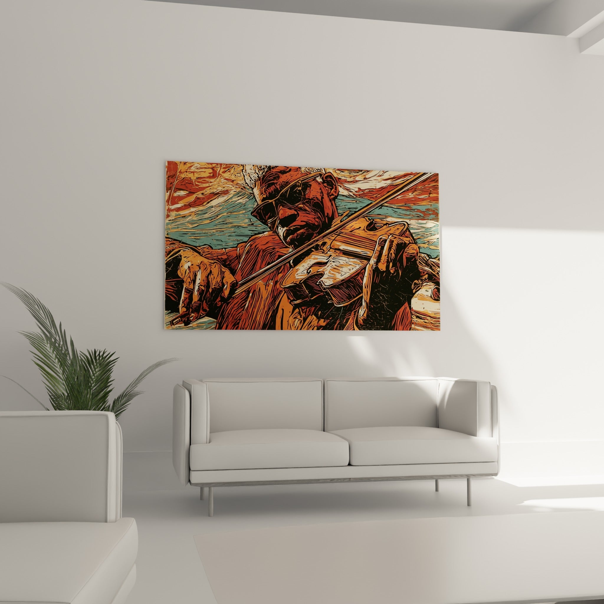 Archet tendu et mains habiles sur les cordes, palette terracotta et anthracite, au-dessus d'un canapé dans un salon lumineux