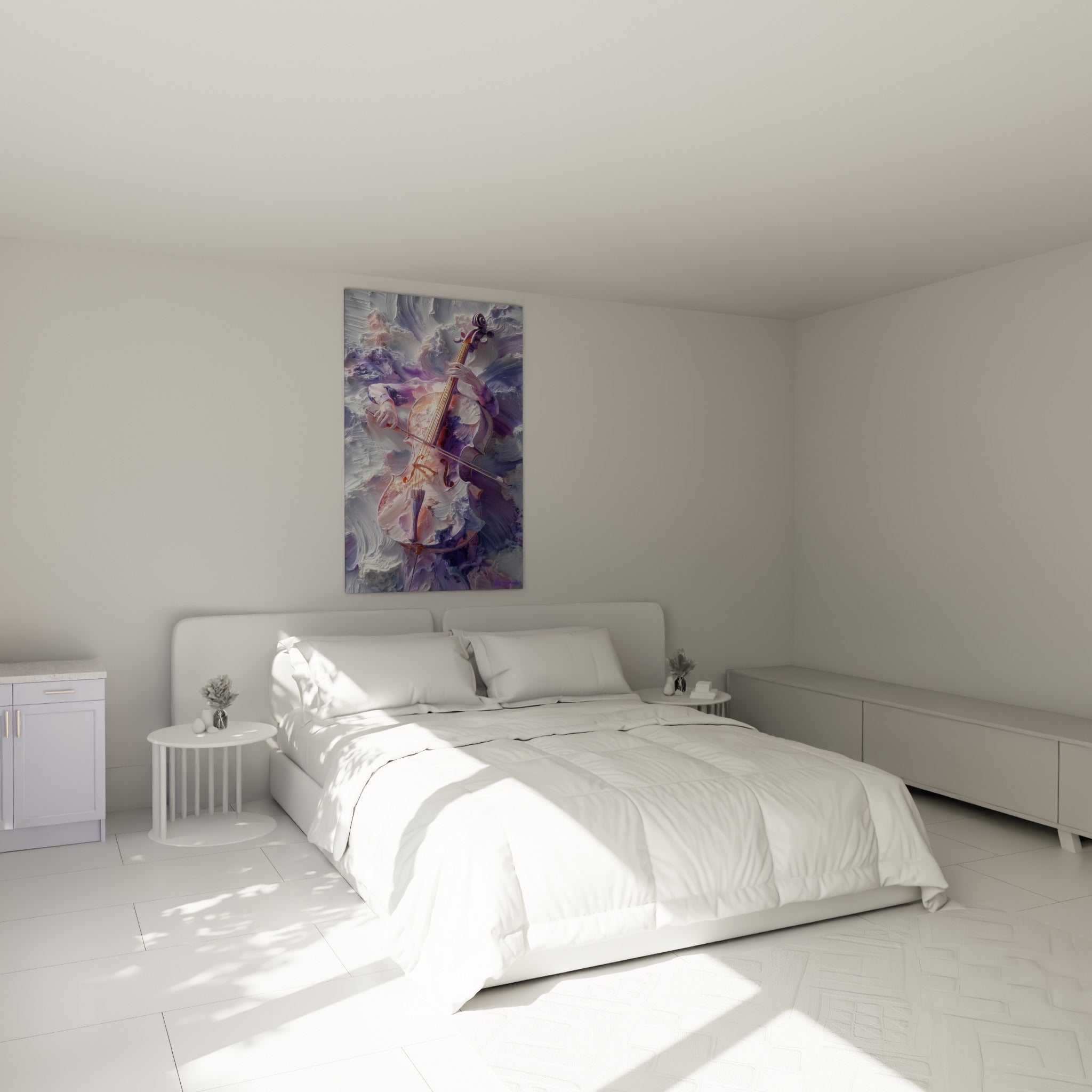 Musicien et violoncelle en tons mauves et crème, au-dessus d'un lit dans une chambre claire