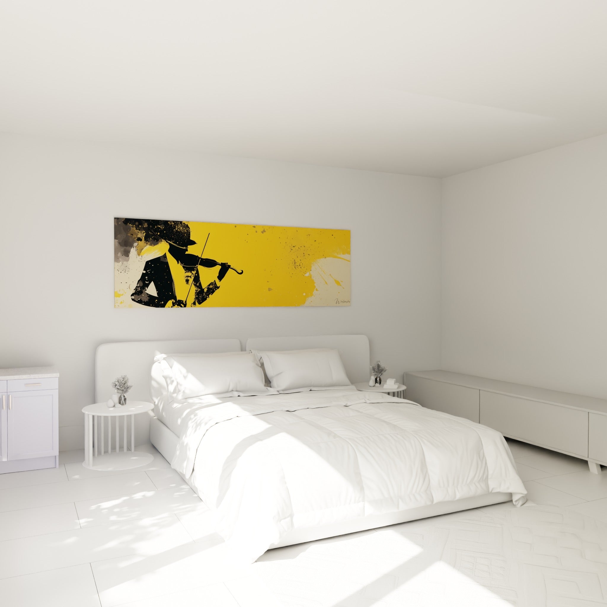 Musicien à l'archet levé, tons noir et jaune moutarde, accroché au-dessus d'un lit dans une chambre claire