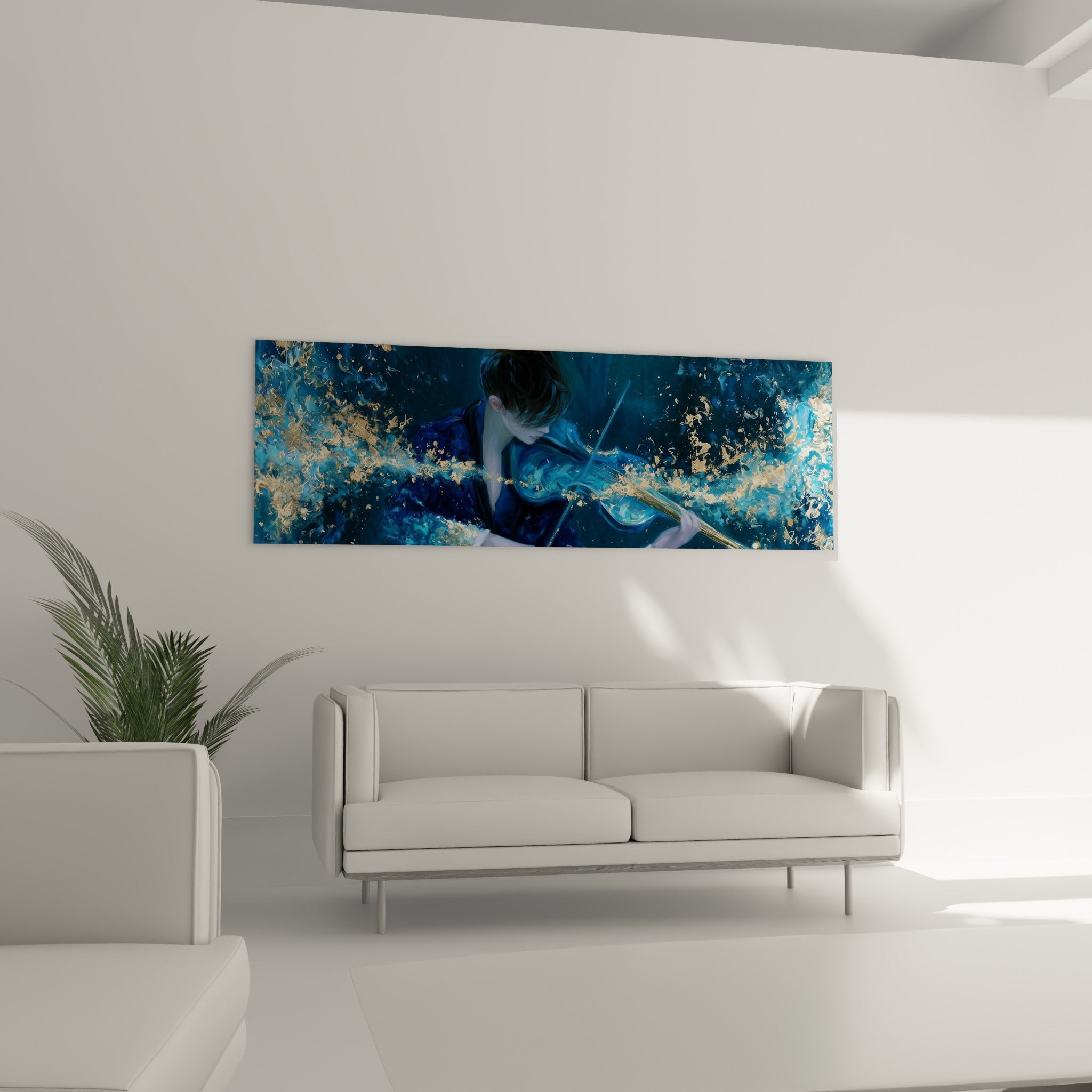 Violoniste absorbé, veste bleu nuit et touches dorées, au-dessus d'un canapé dans un salon lumineux