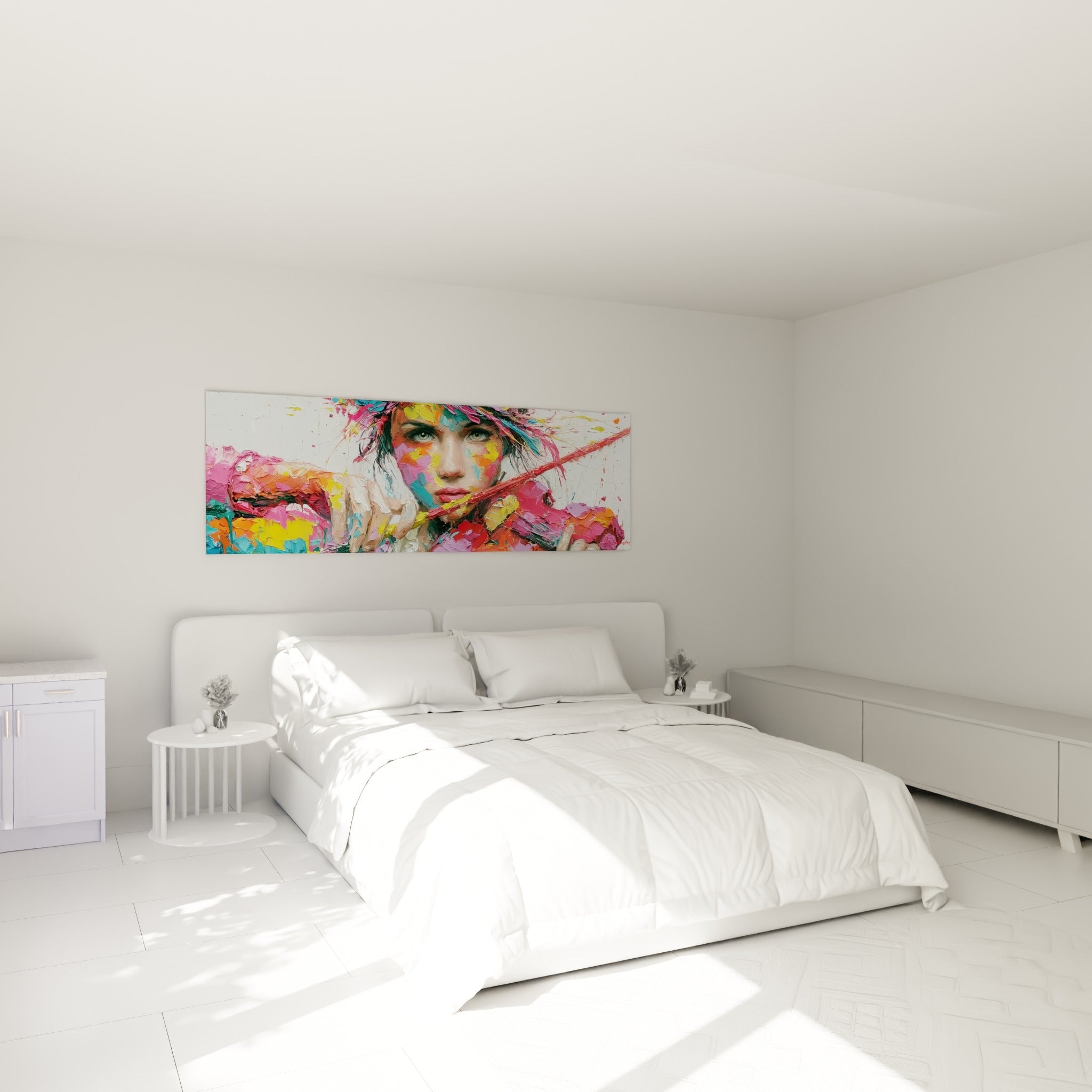 Portrait musical fuchsia et jaune, archet tendu, au-dessus d'un lit dans une chambre claire