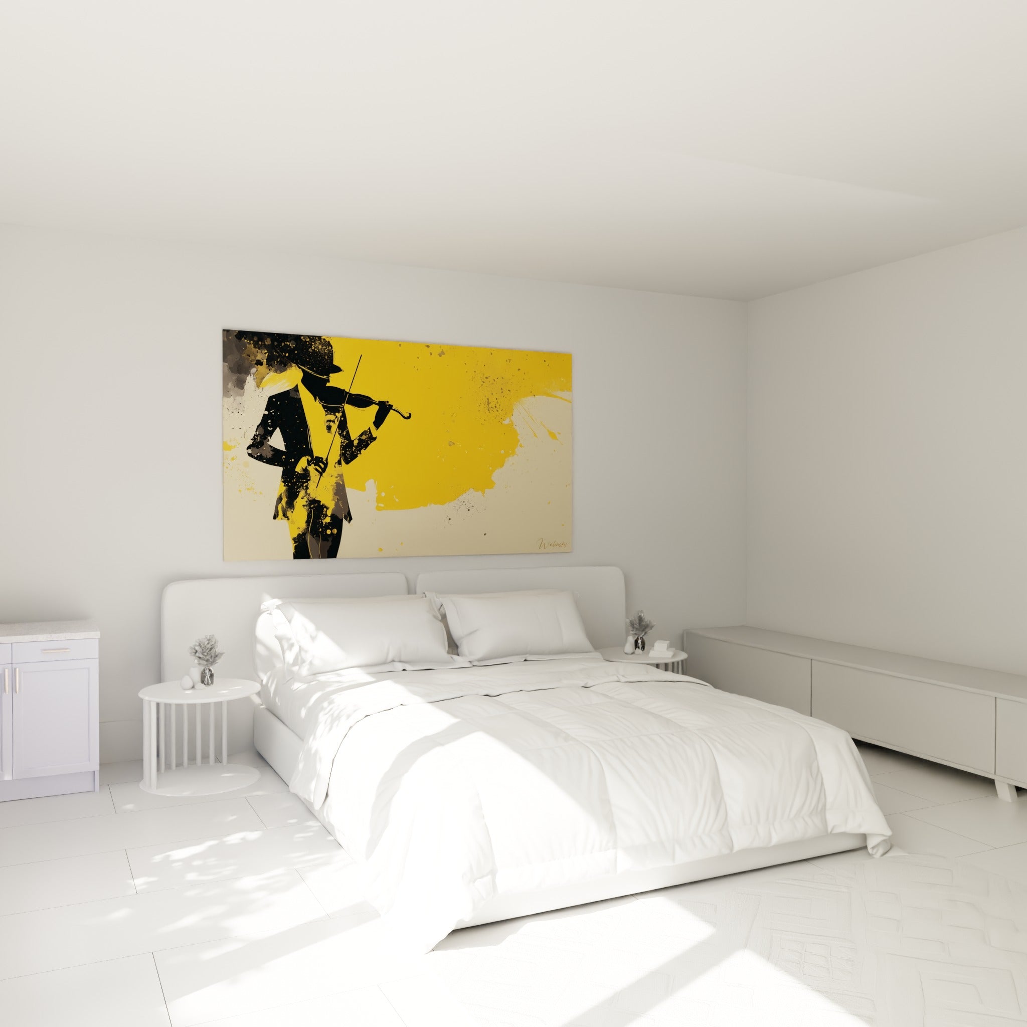 Musicien à l'archet levé, tons anthracite et jaune moutarde, tableau Musique au-dessus d'un lit dans une chambre claire