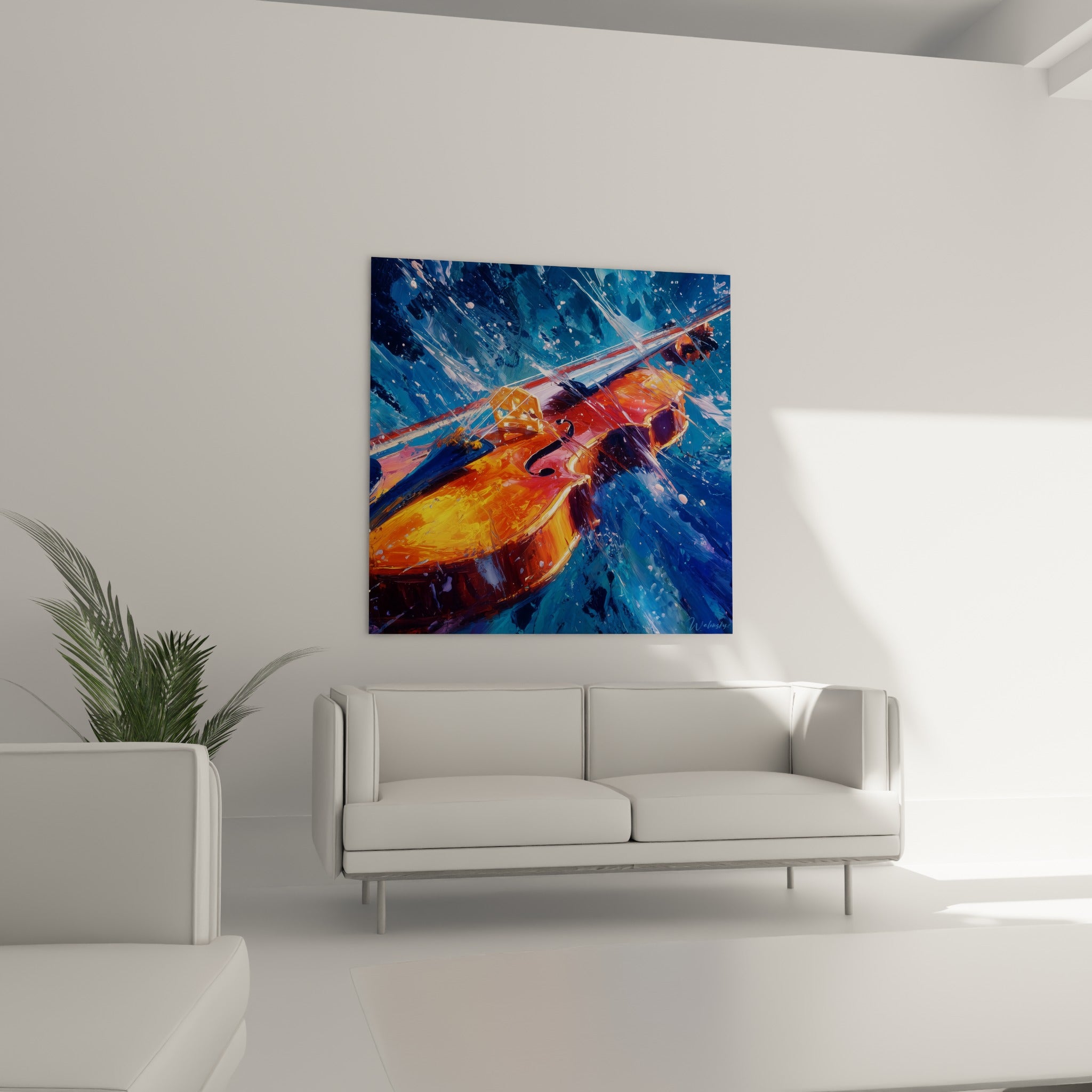 Archet et cordes en mouvement sur fond turquoise éclaté, accroché au-dessus d'un canapé dans un salon lumineux