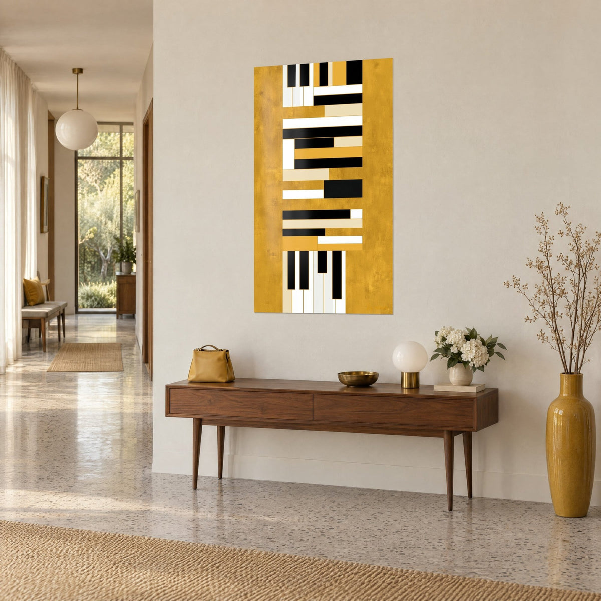 Tableau partition abstraite en blocs noirs, crème et ocre sur or texturé, vue de trois-quarts au-dessus d'une console en bois