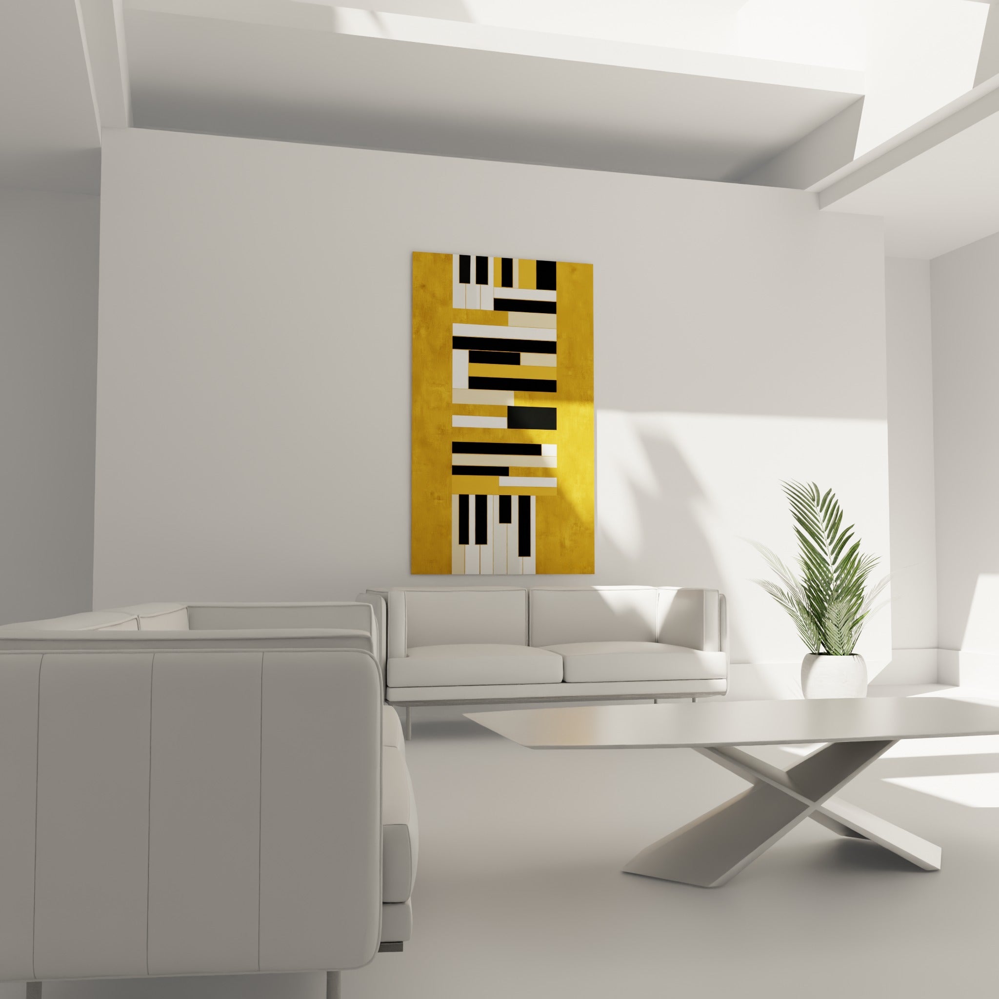 Bandes noires et ivoire évoquant la Musique, touches dorées, au-dessus d'un canapé dans un salon lumineux