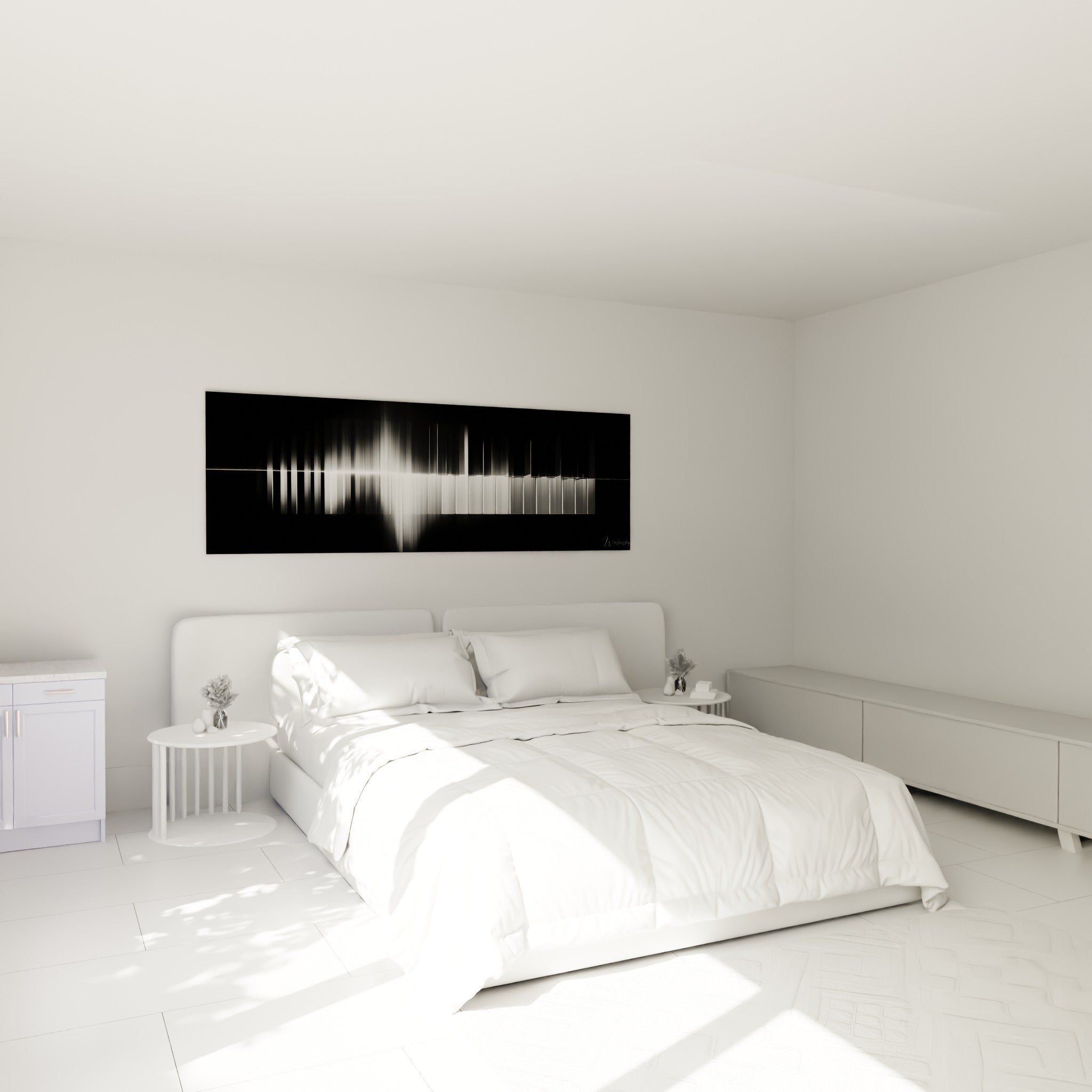 Barres sonores noires et blanches de Musique, au-dessus d'un lit dans une chambre claire