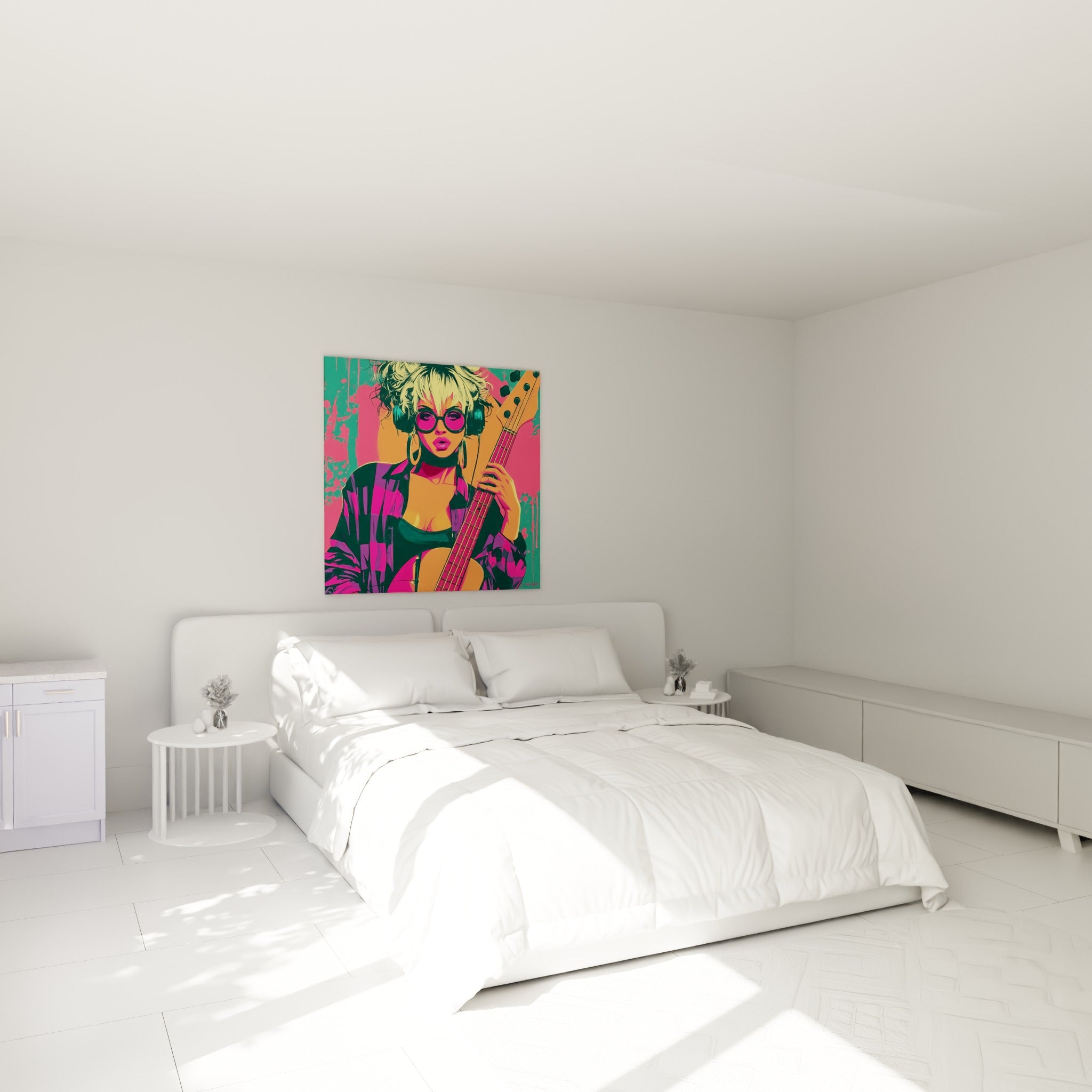 Musicienne aux tons roses et turquoise, casque audio sur les oreilles, au-dessus d'un lit dans une chambre claire